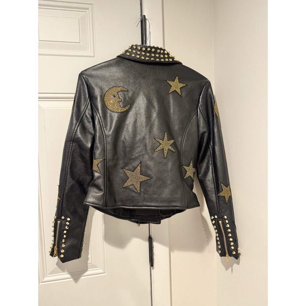 Azalea Wang Women's Black Studded Celestial Moto Jacket M Cropped Moon Stars M - Picture 13 of 15